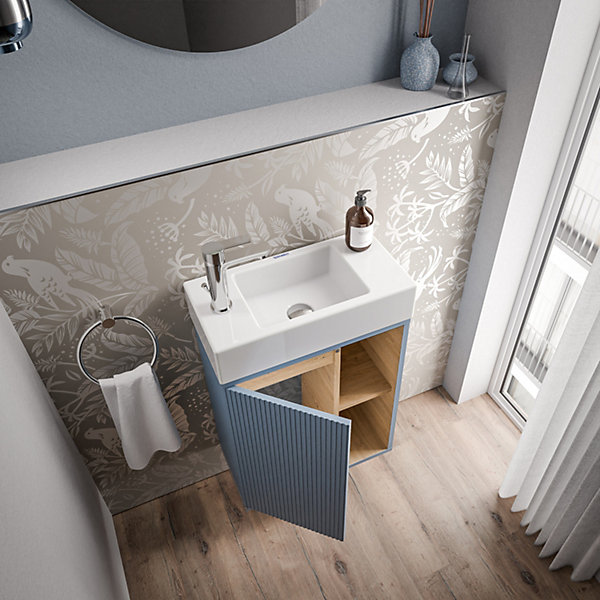 Meuble vasque Bleu azur mat de salle de bain 55x24x59cm (LxPxH) 1 porte à gauche   2 cases rangement - BELDIVO