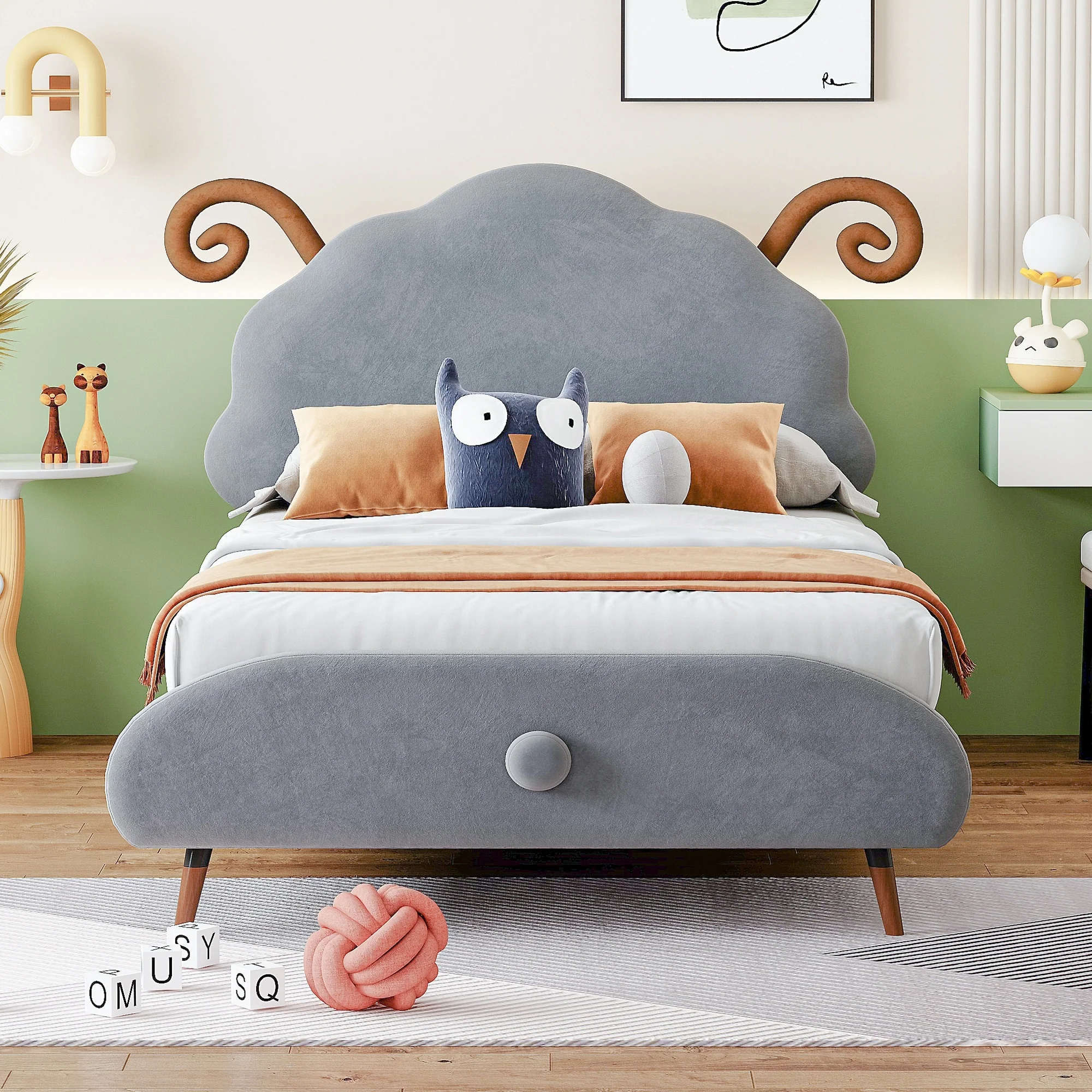 Full Size Sheep-Shaped Headboard Bed with Velvet Upholstery - Whimsical and Cozy Design