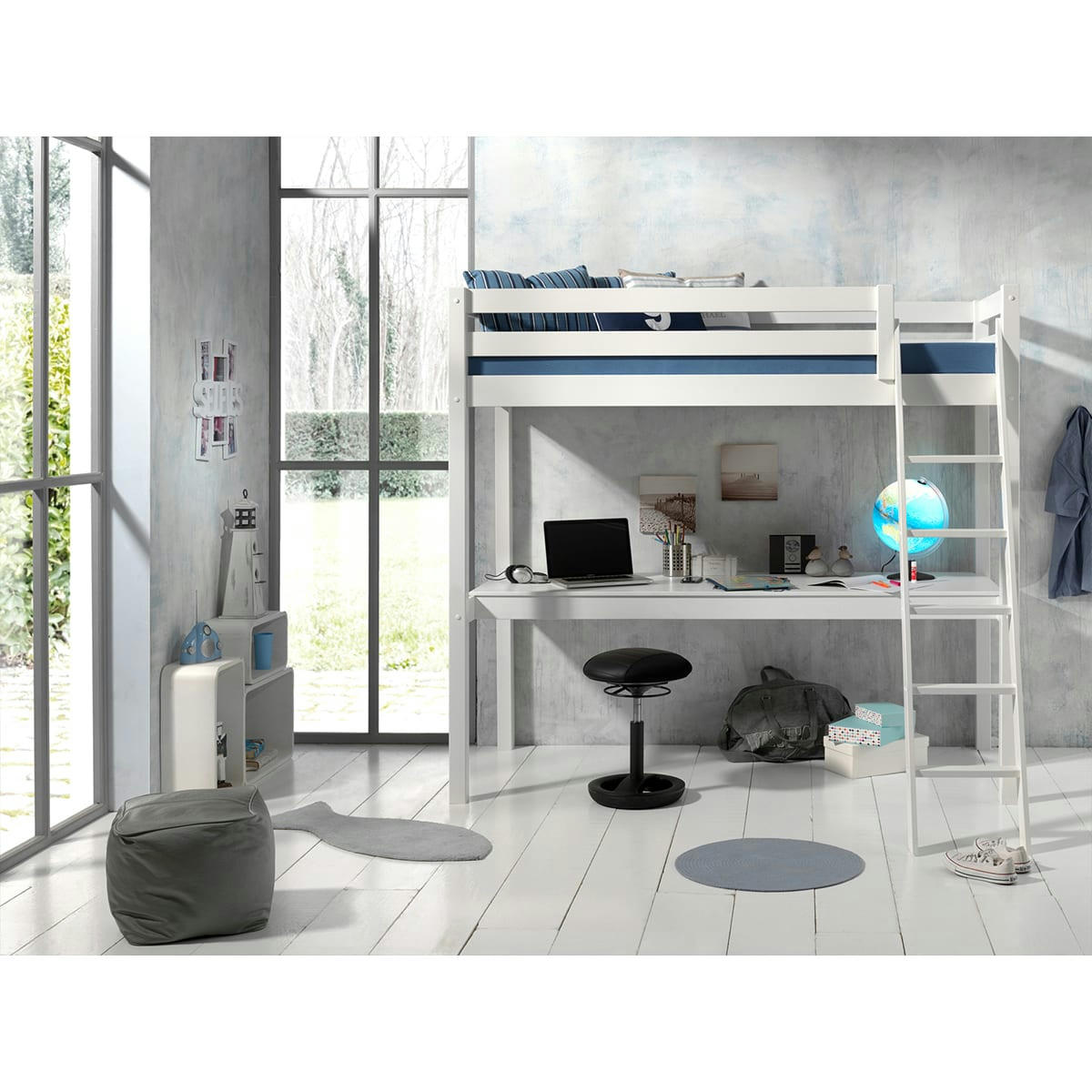 PINO - Lit mezzanine 90x200 sommier inclus bureau blanc