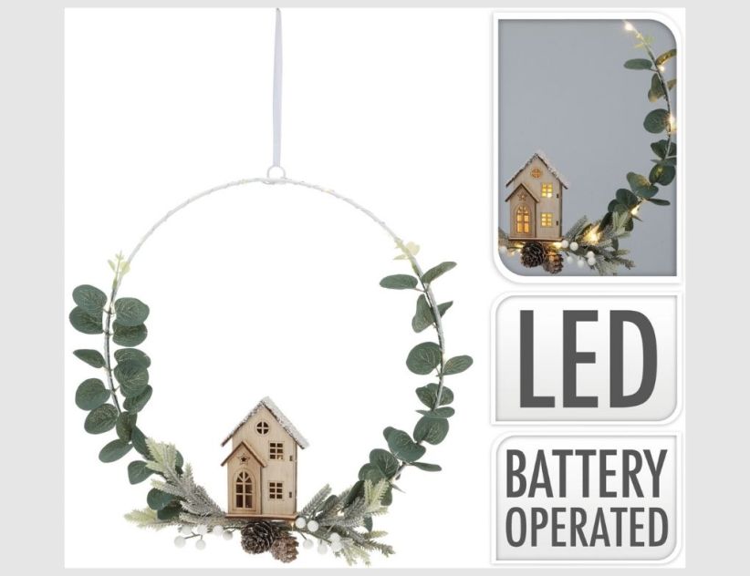 LED-Dekoring mit Haus und Eukalyptus 34×32cm