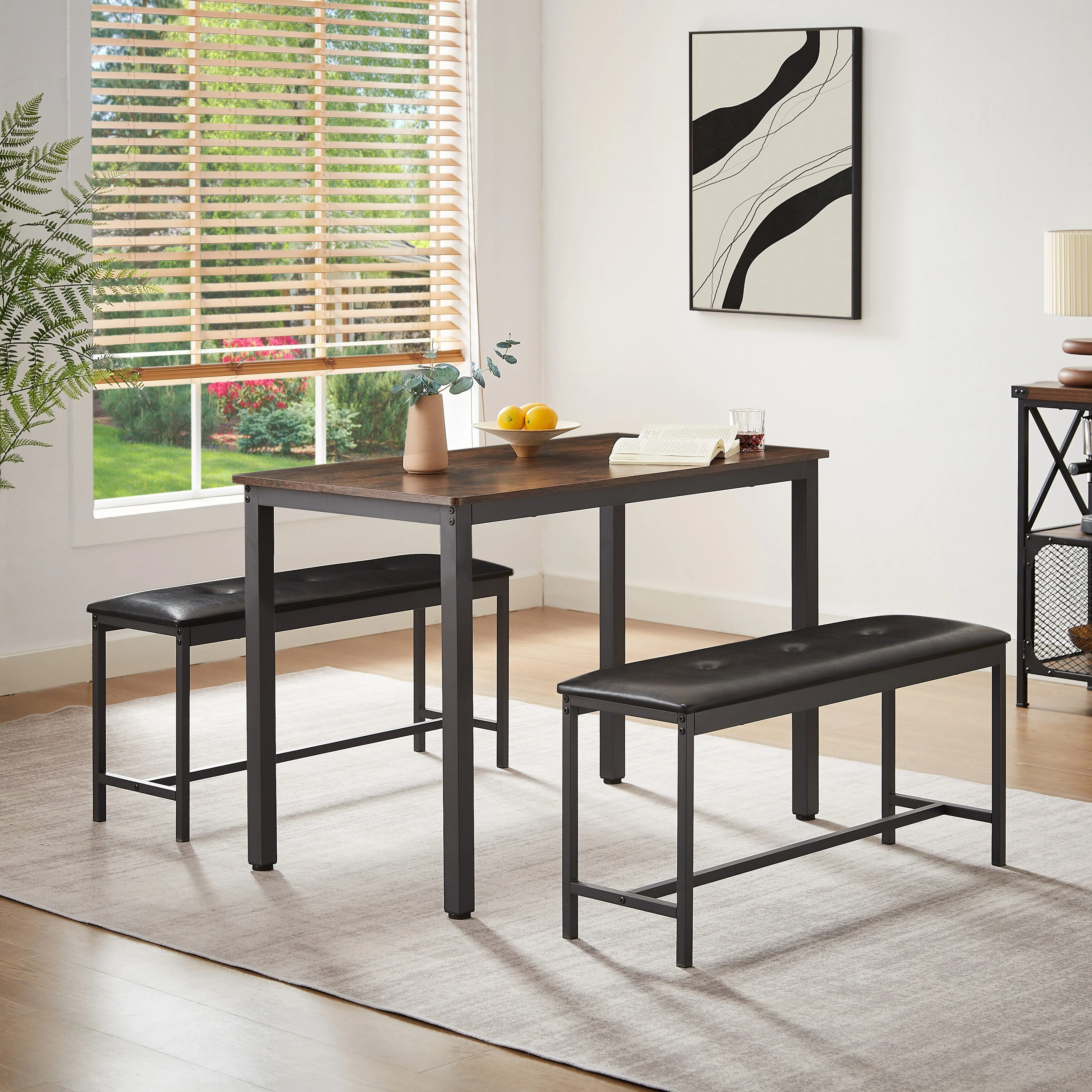 3-Piece Dining Table Set, Rectangular Dining Table with 2 Benches, Rustic Brown and Black