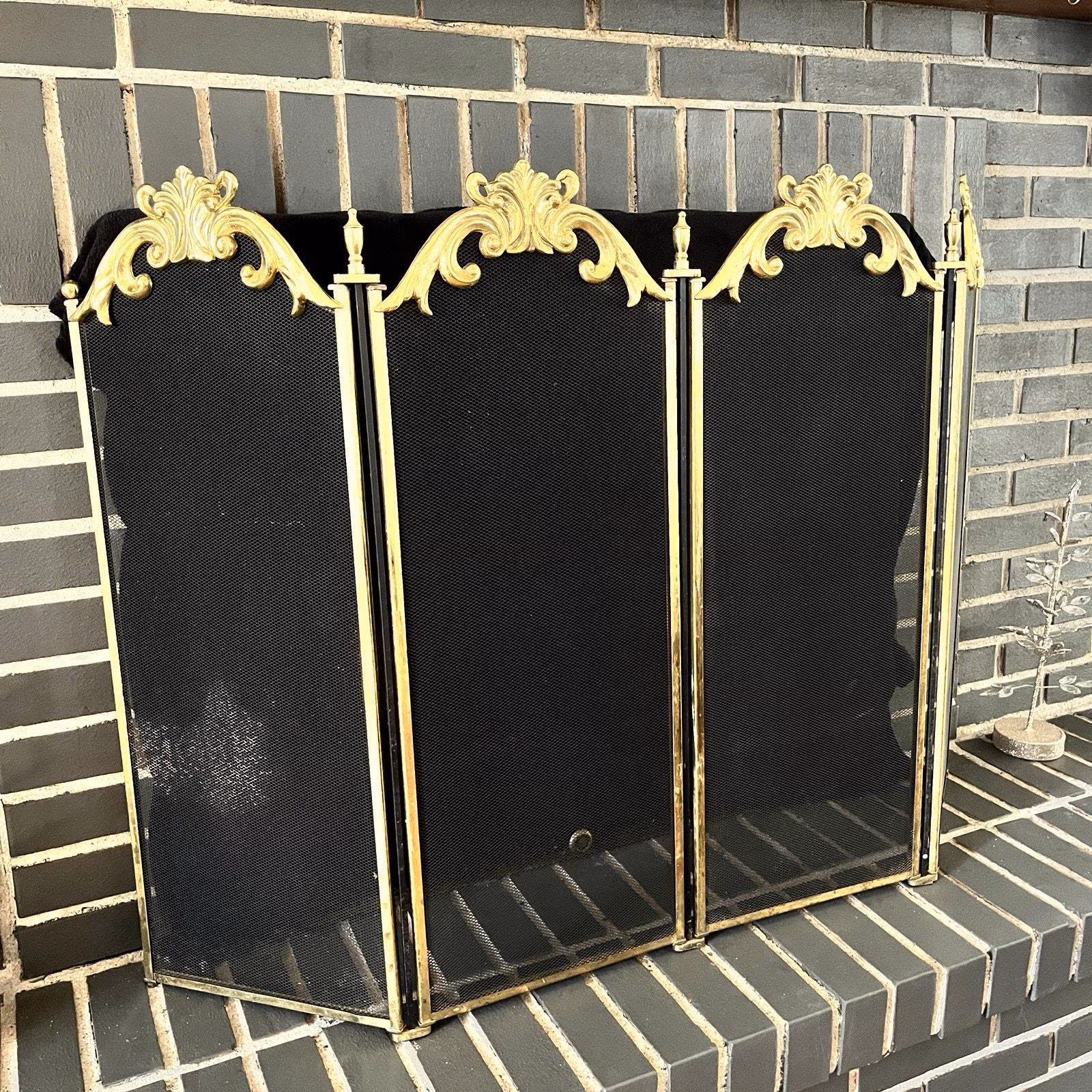 Vintage Brass Ornate Scroll 4 Panel Folding Fireplace Screen Hollywood Regency