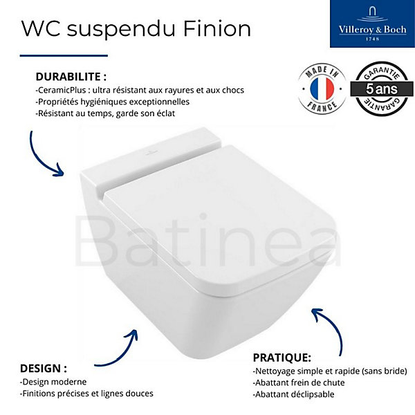 Pack WC suspendu sans bride VILLEROY ET BOCH Finion   abattant   plaque chromée   bâti
