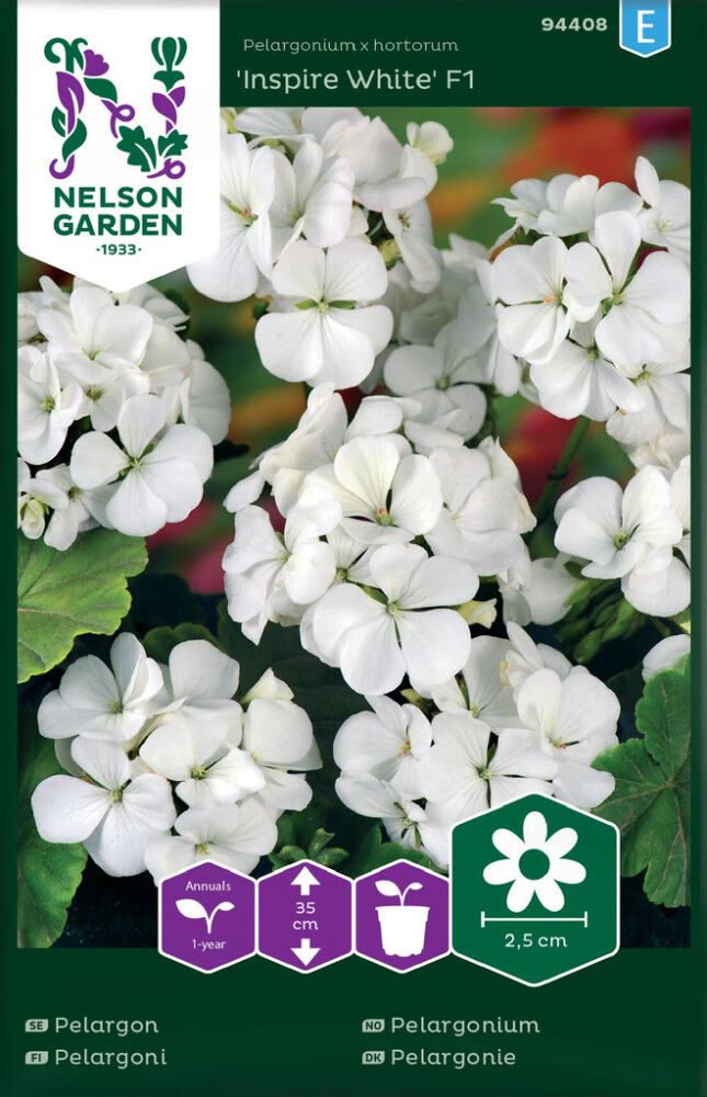 BLOMSTERFRØ NELSON GARDEN HAGEPELARGONIUM INSPIRE WHITE F1