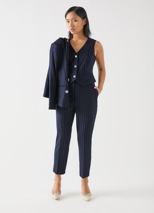 Bella Petite Blue & Navy Wool Pin Stripe Belted Trouser