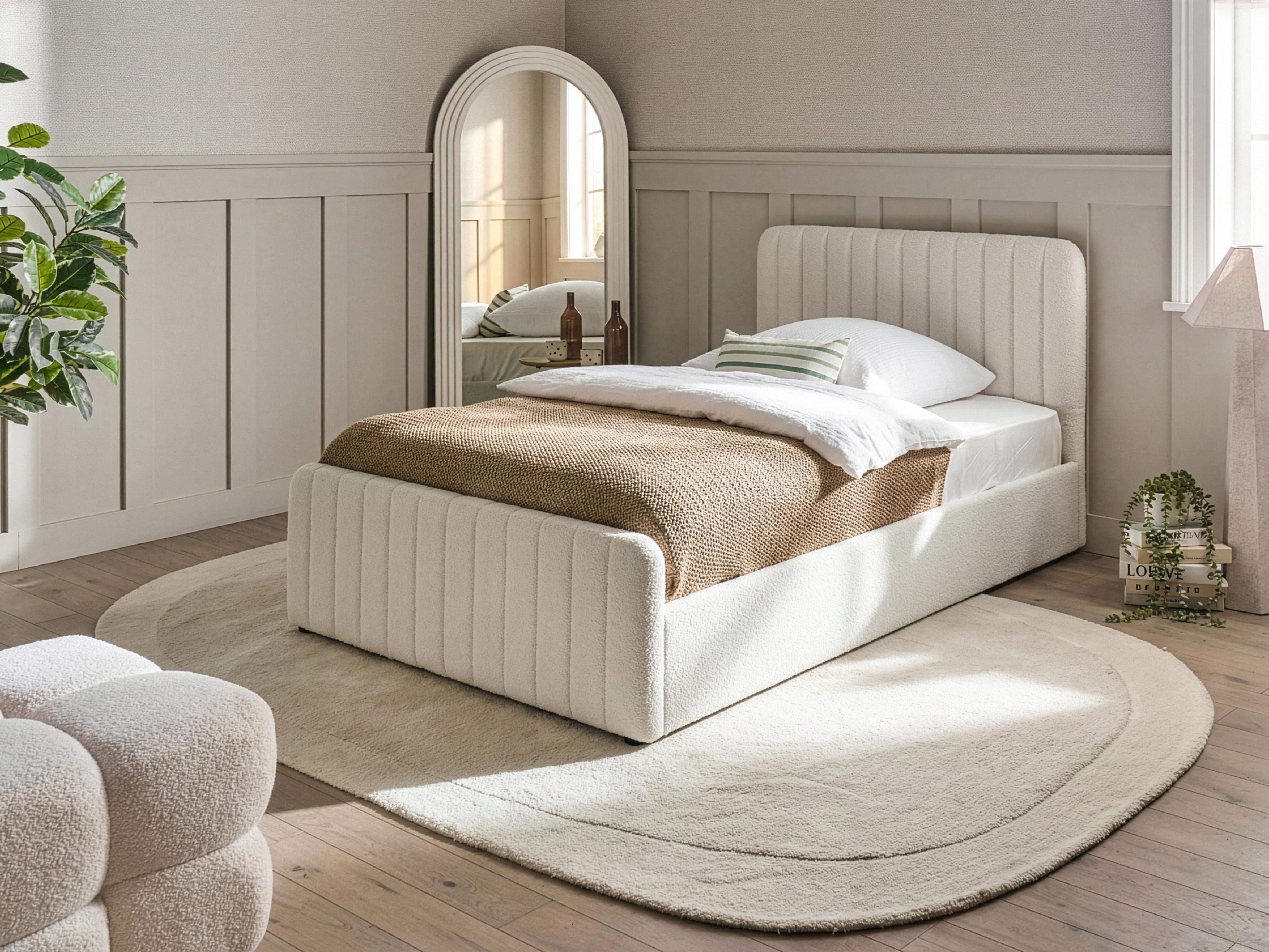 Ottoman Bed Boucle LUNAN 120 x 200 cm (EU Small Double) White