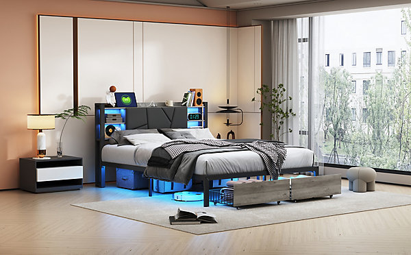Lit Double Rembourré 160 X 200 Cm Avec éclairage LED, Port USB Et Rangements, Cadre De Lit En Métal