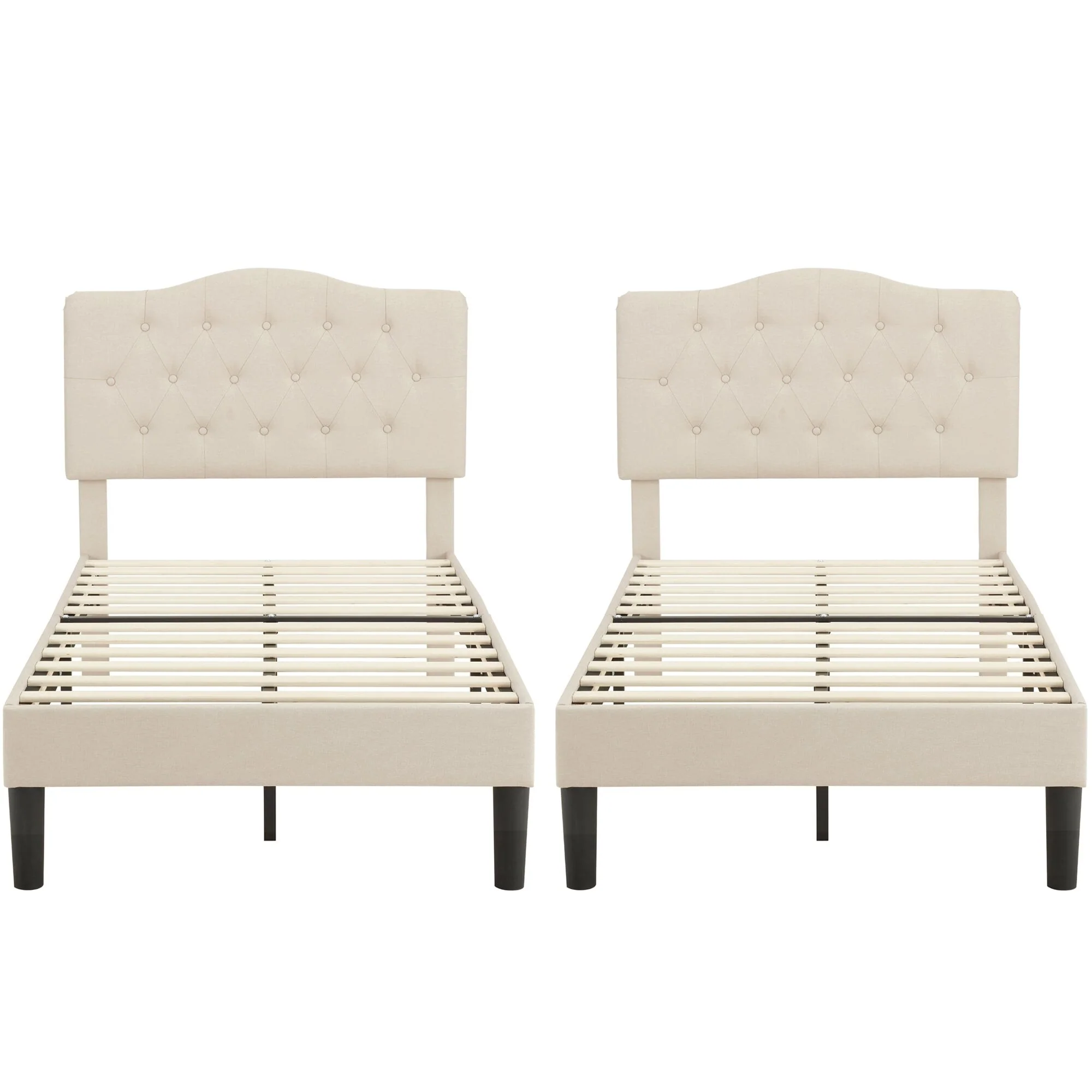 VECELO Modern Upholstered Kids Bed with Height Adjustable Tufted Headboard,Twin Size Bed Set of 2