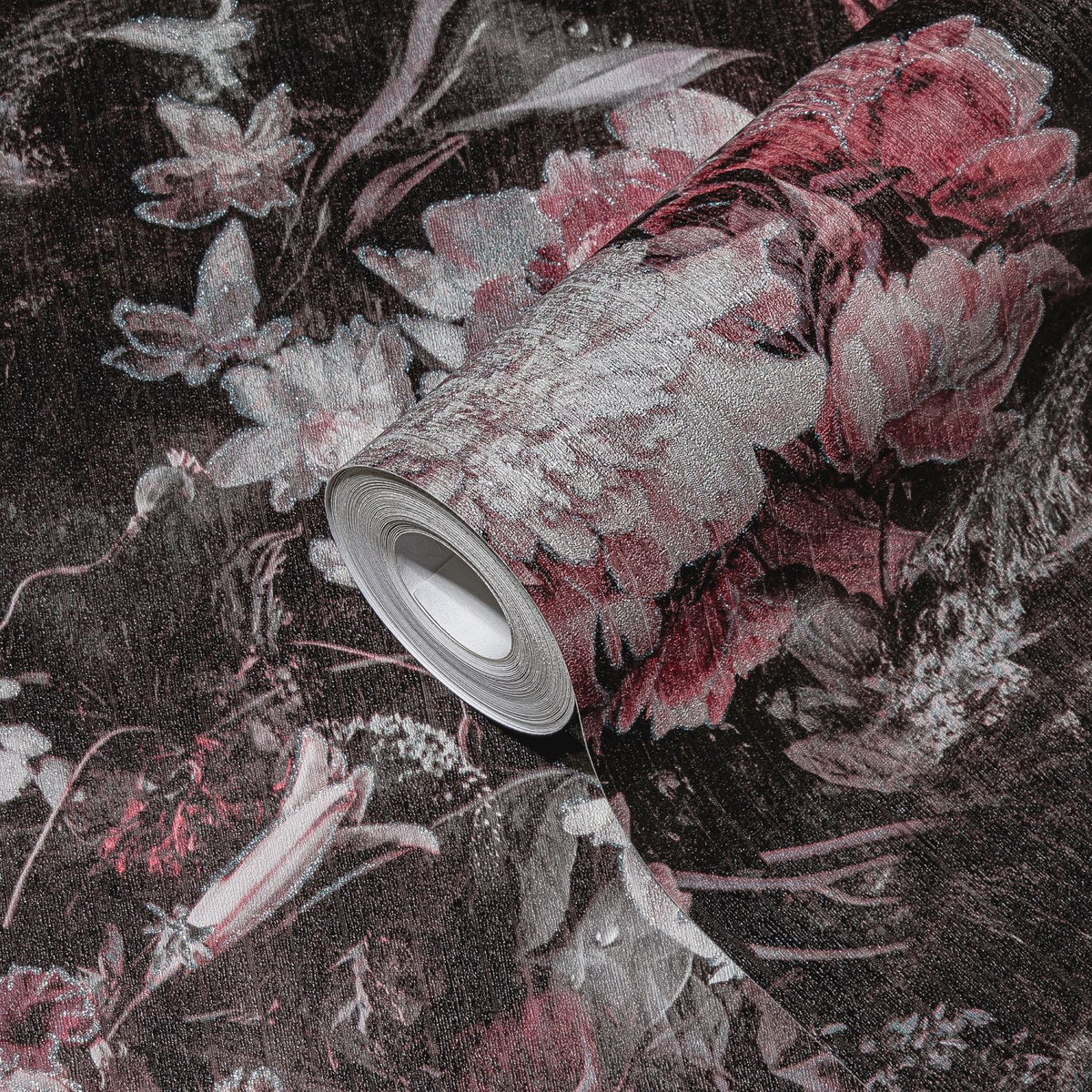 A.S. Création behang bloemen zwart, rood, roze, wit en zilver - 53 cm x 10.05 m - AS-388214