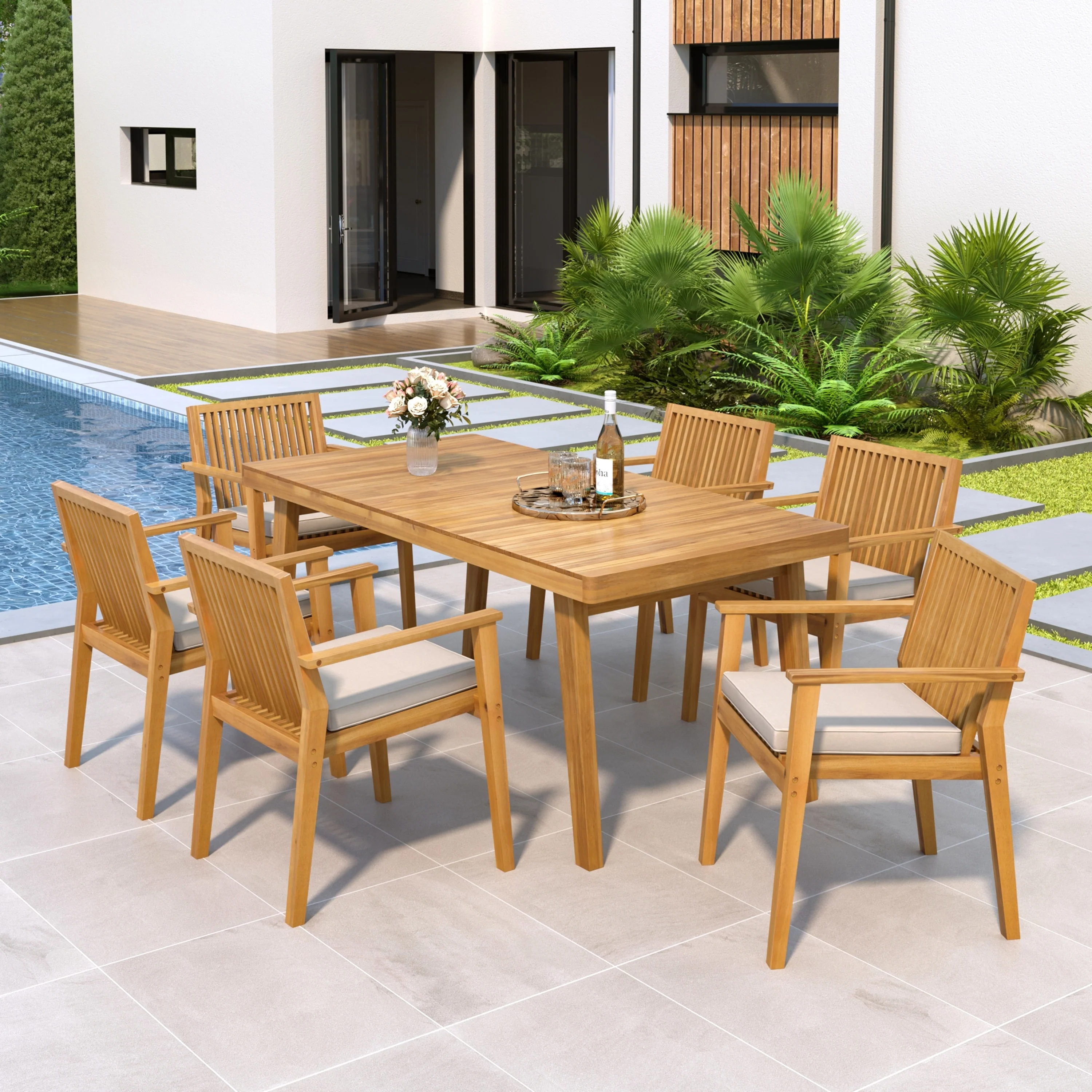 Durable 7 - Piece Patio Furniture Set Acacia Wood Table and 6 Heavy-Duty Cushioned Chairs, Brown