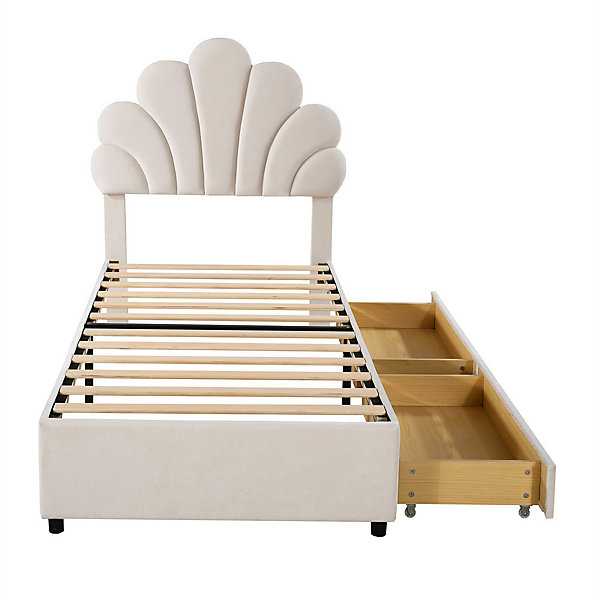 Lit adulte lit 90x200 cm lit rembourré lit cadre à lamelles lit 2 compartiments de rangement Single velours beige
