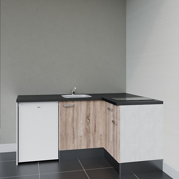 Kitchenette KA01 façades Bois - Plan de travail Noir texturé - Crédences : Non - Evier inox - Electroménager Blanc inclus