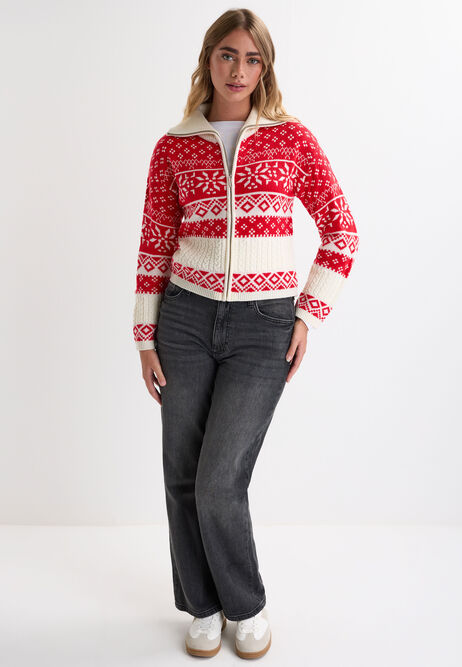 Womens Red Fairisle Zip Christmas Jumper