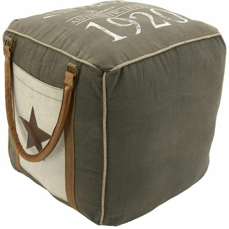 - Pouf en coton et cuir vintage