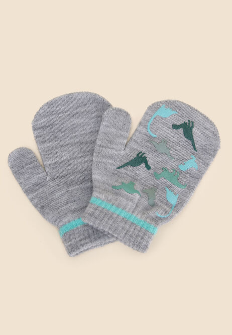 Younger Boys Grey Dinosaur Gripper Mittens