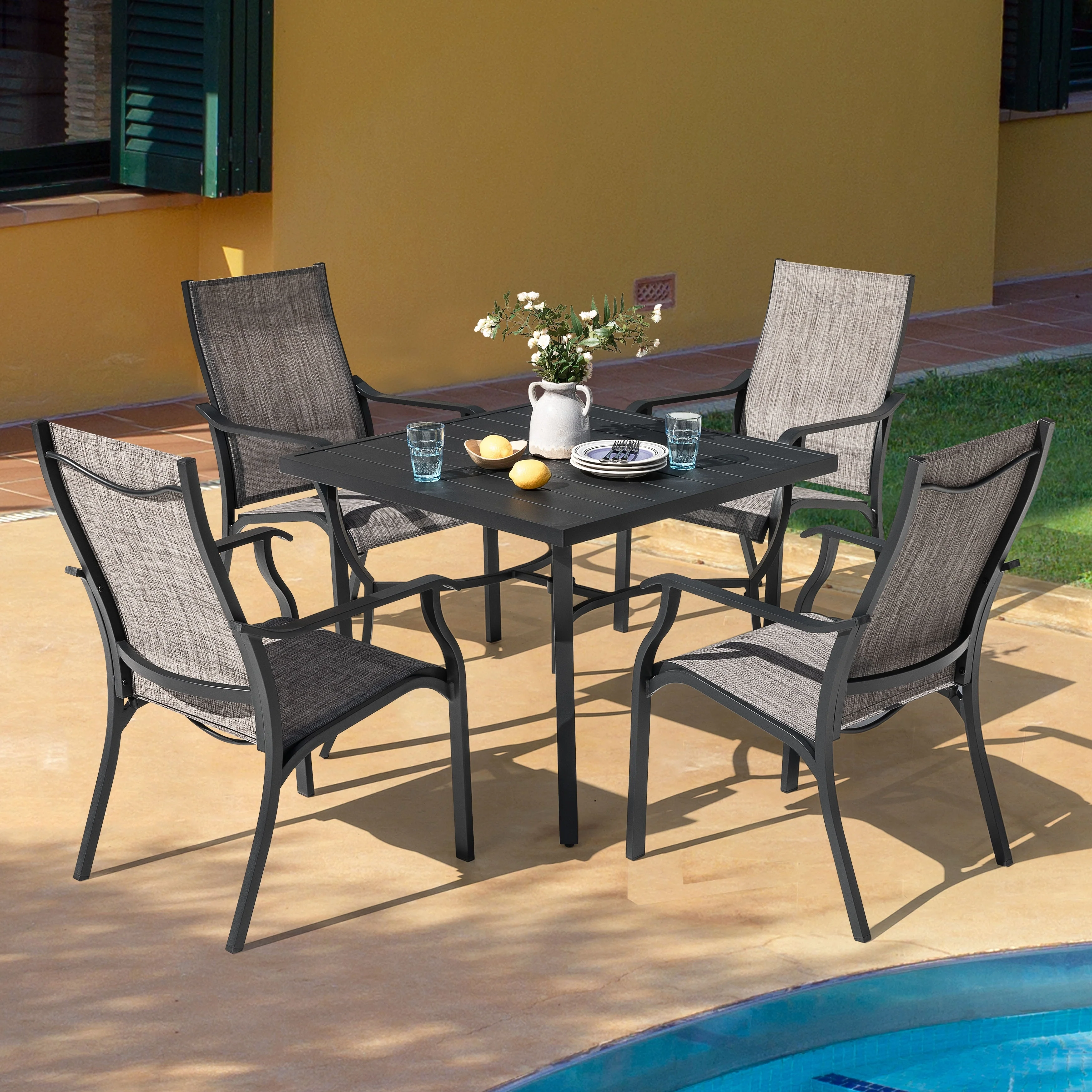 5-Piece Patio Aluminum and Textilene Dining Set with Umbrella Hole