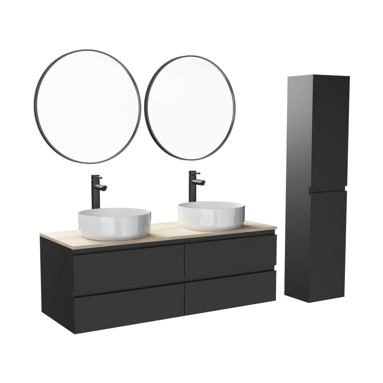 SORRENTO - Meuble double vasque 120cm avec plan bois  Noir+vasque+rob+miroir+co