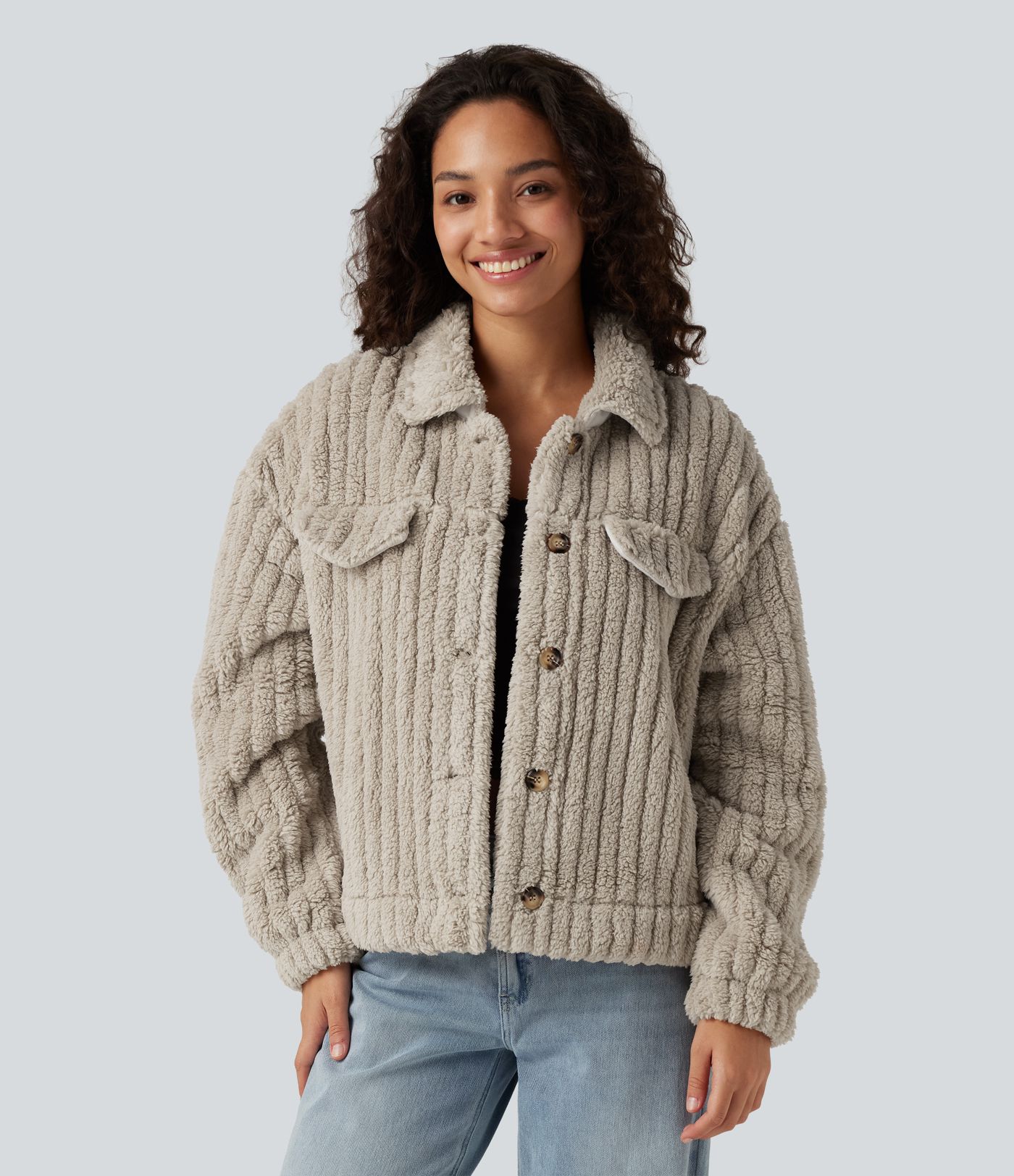 Veste décontractée en sherpa à col, boutons et manches longues