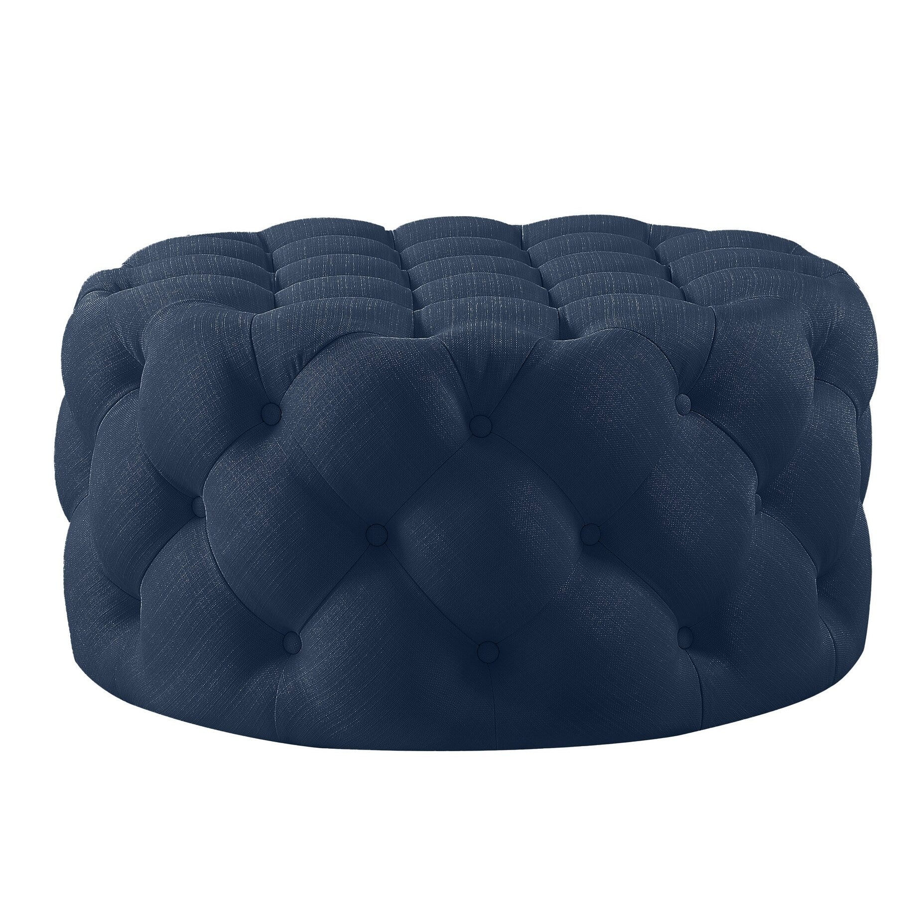 HomeRoots 33 Navy Blue Linen Tufted Round Cocktail Ottoman