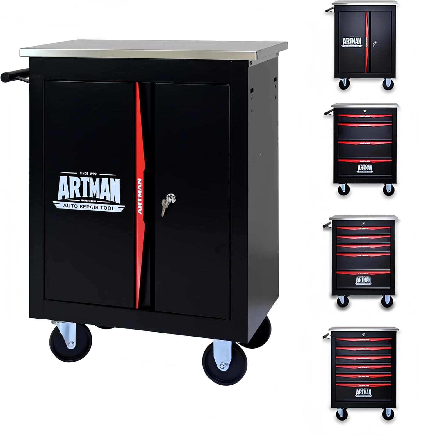 Artman Double Door Rolling Tool Chest, Black & Red Modular Tool Box with Wheels, Heavy-Duty Rolling Tool Cabinet for Garage & Workshop Storage