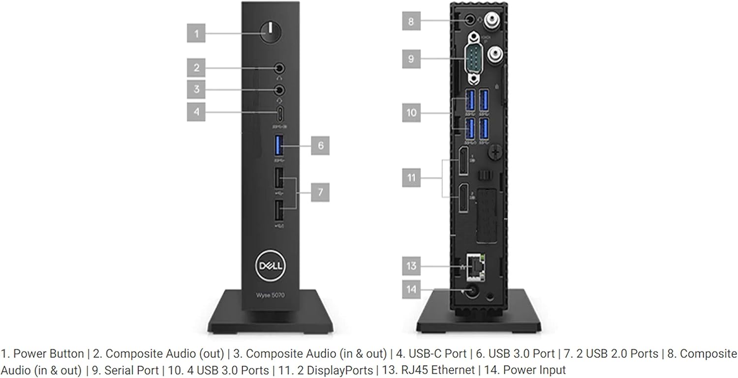 Dell Wyse 5070 Thin Client, Intel Celeron J4105 4-Core, 4GB RAM, 16GB Flash EMMC, USB C, DisplayPort 4K UHD 2-Monitor Support, Thin OS (Renewed)