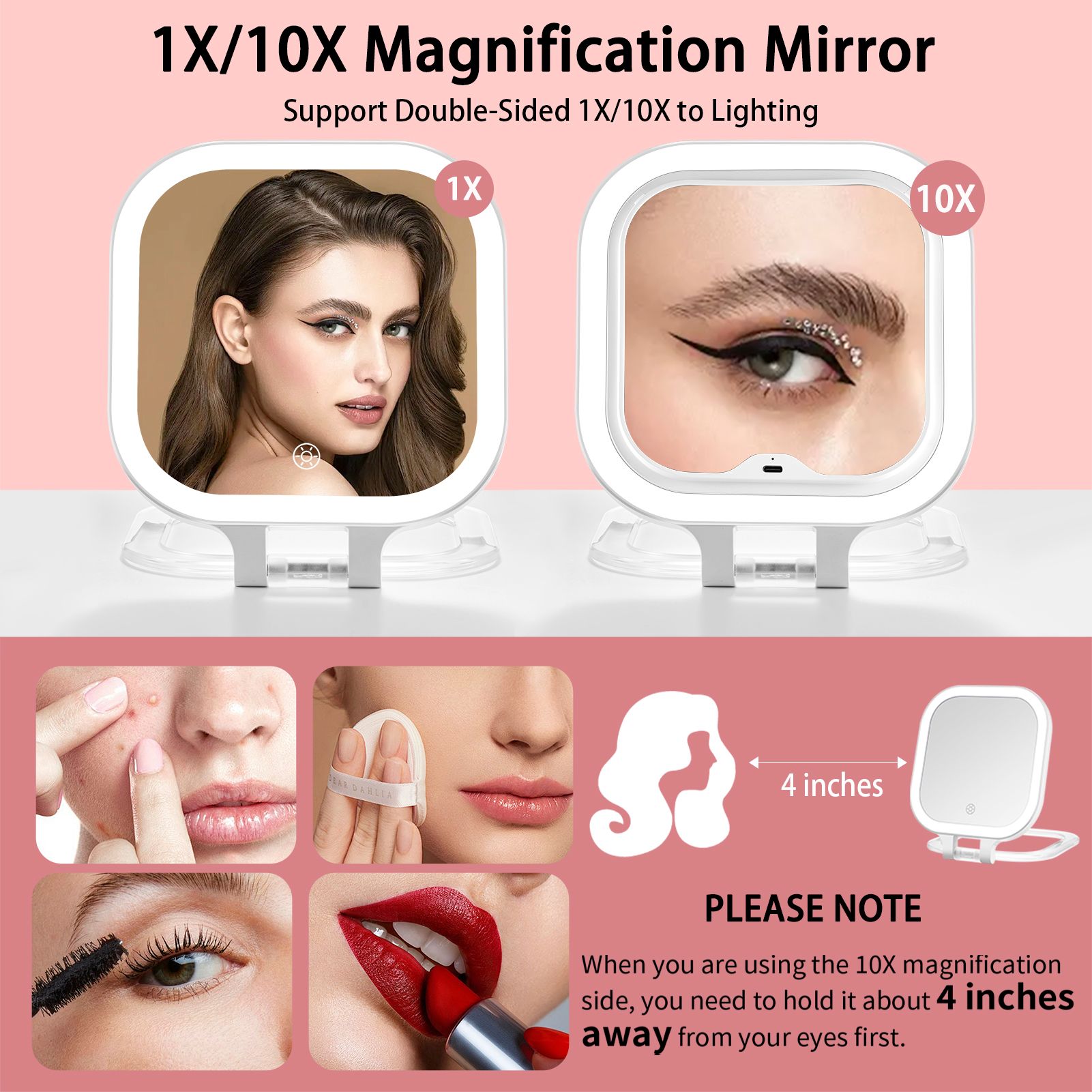 Vanexiss Rechargeable Double-Sided Travel Makeup Mirror with 10X Light