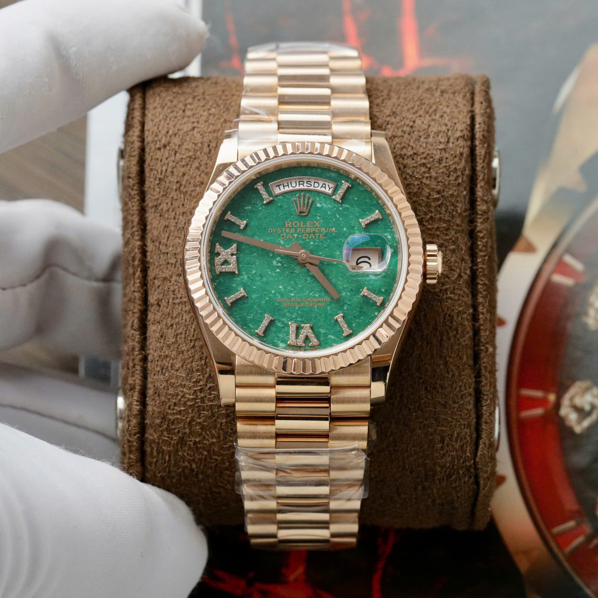 Rolex Day-Date 128235 RG Plated Green Dial CZ Diamonds 36mm Super Clone