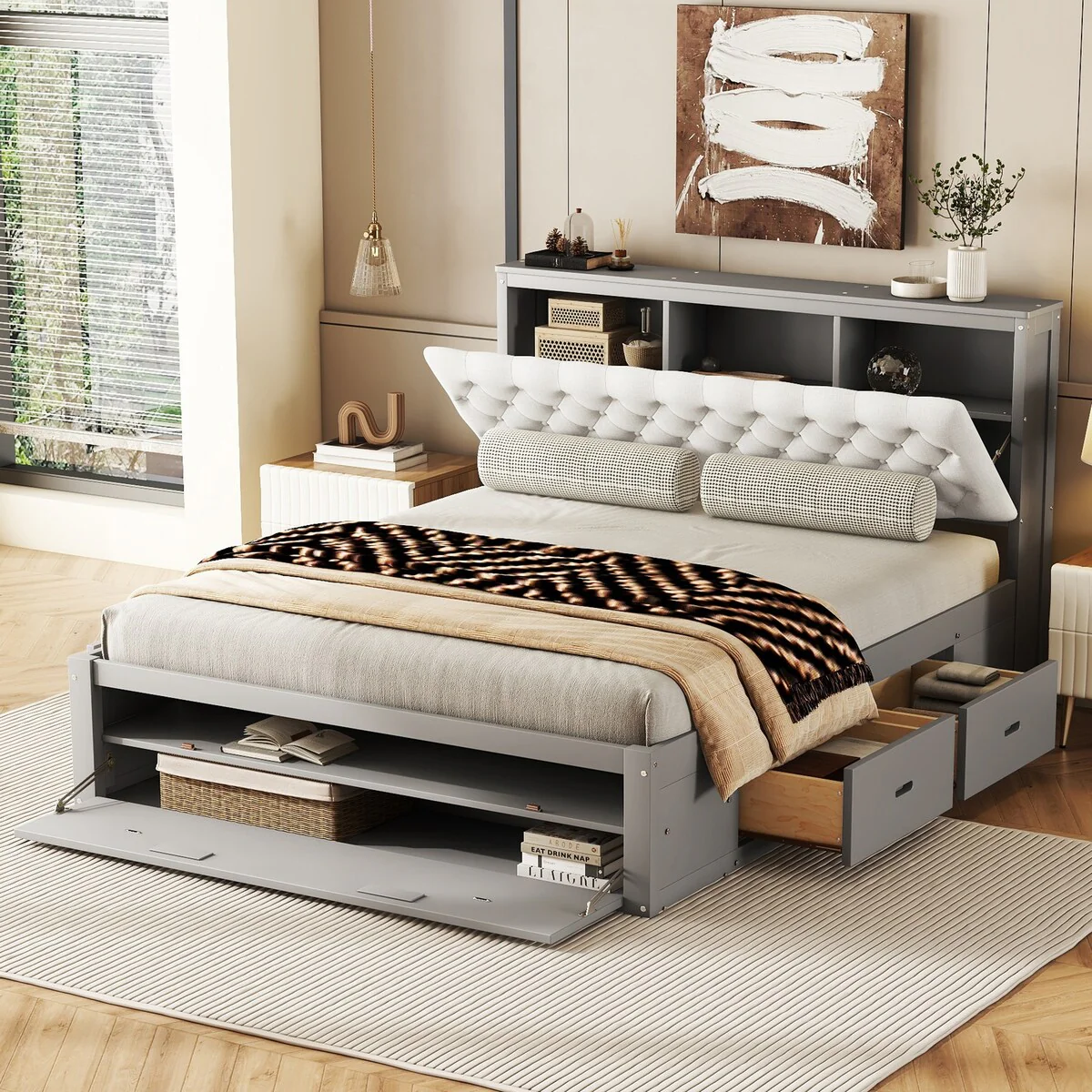 Platform Bed with Storage Headboard, shoe rack and 4 drawers