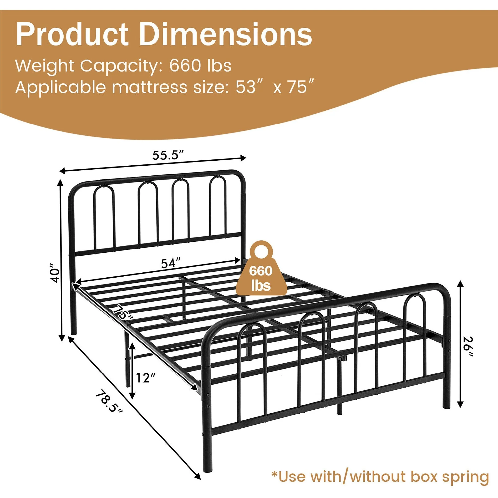Gymax Stylish Full Size Metal Bed Frame Platform Bed Base w/ Headboard