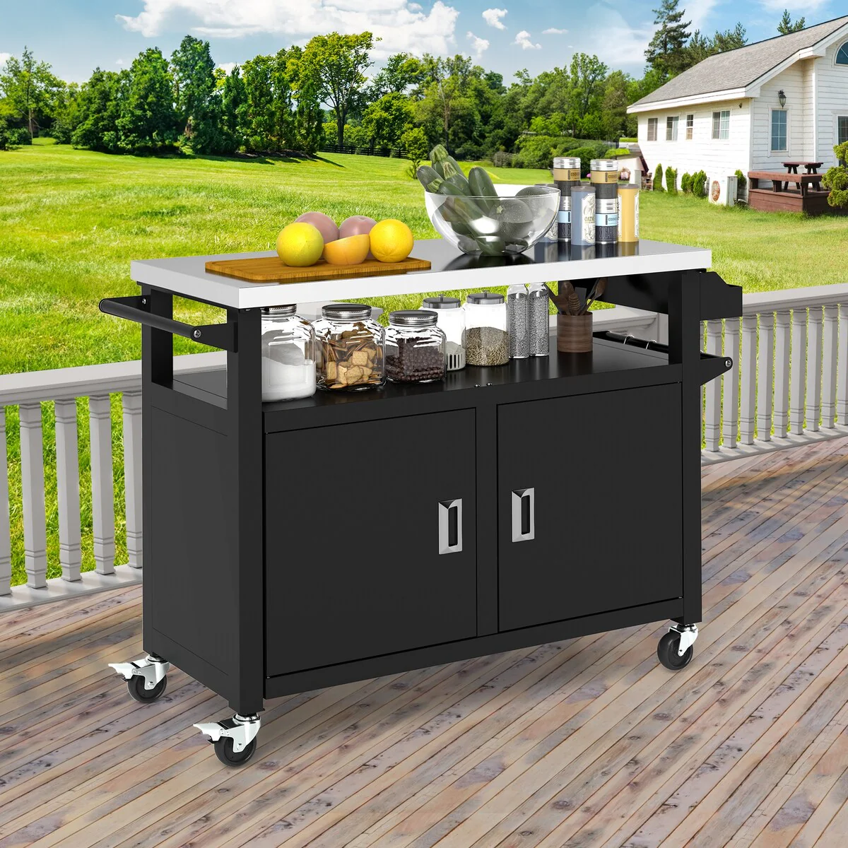 XL Outdoor Bar Table With Stainless Steel Top, Outdoor Grill Cart For Patio, Kitchen Prep, Grilling Accessories, Black