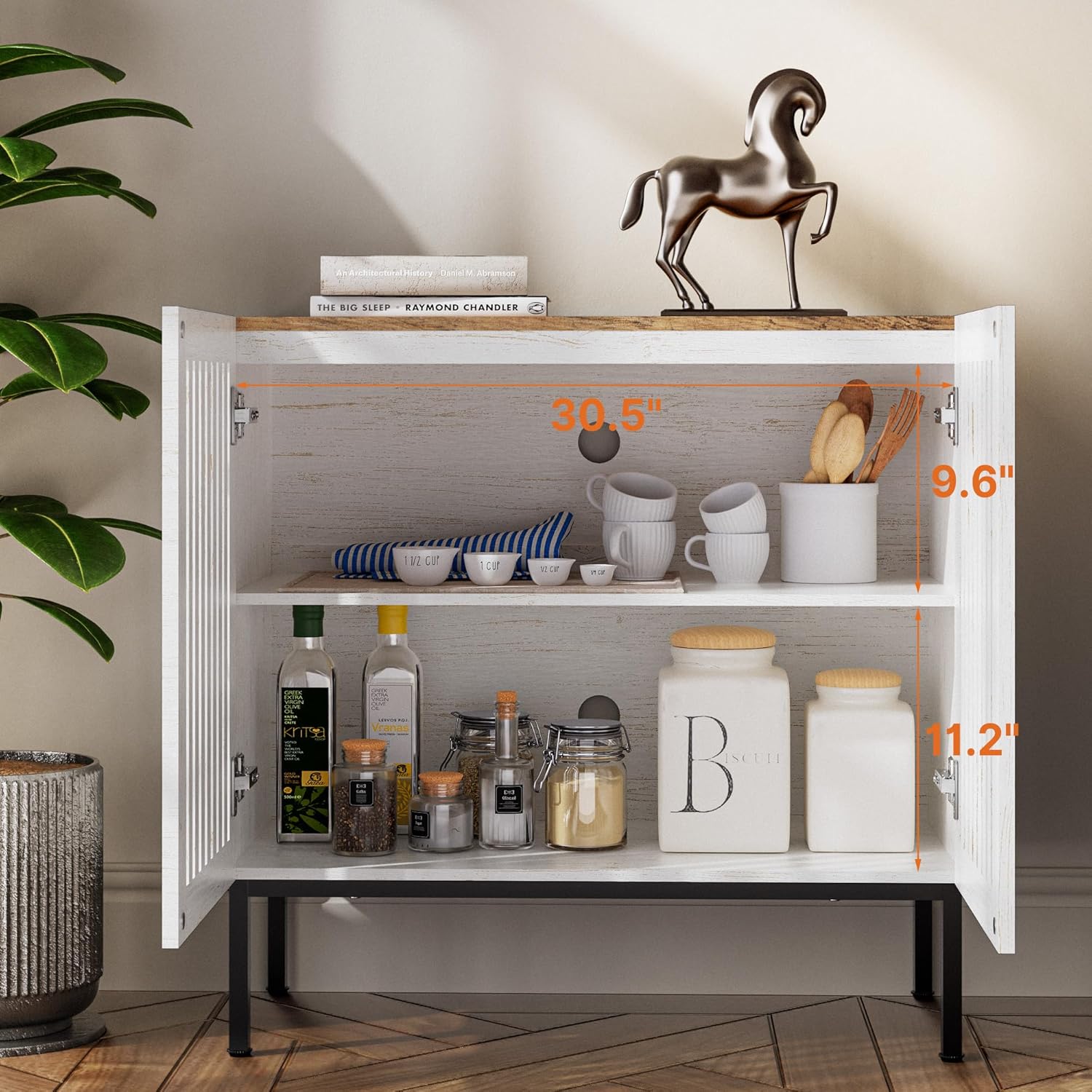 BVIUNTWO 31.5 Farmhouse Buffet Cabinet with Metal Base, Adjustable Shelf & 2 Doors, Antique White Storage Sideboard for Kitchen, Dining & Living Room