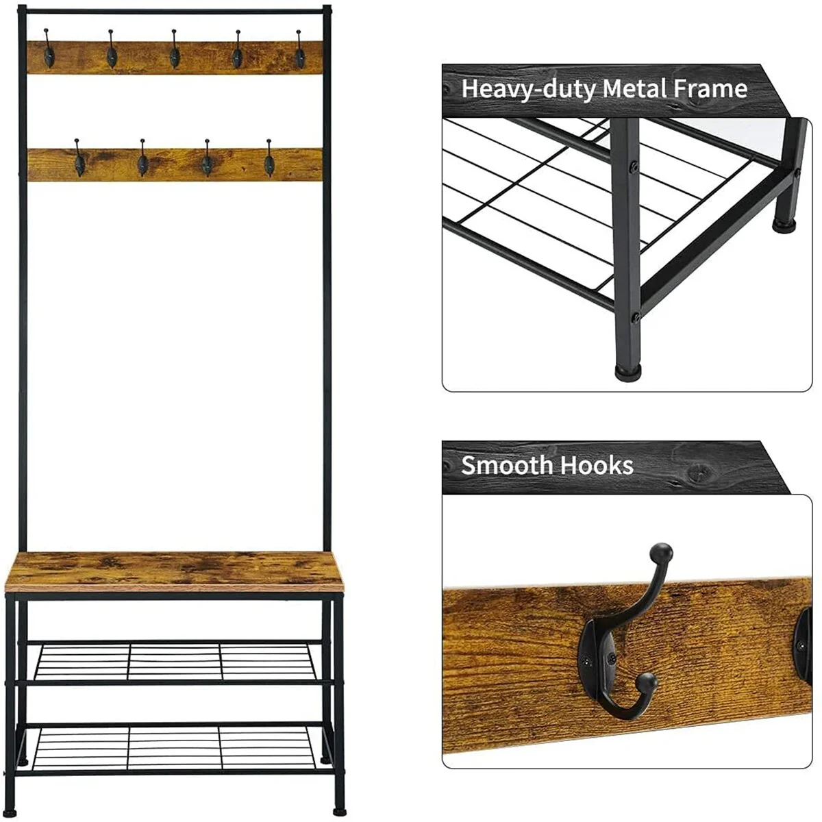 Industrial Coat Rack, Entry Bench With Coat Rack, Wood Look Accent Furniture Metal Frame, 3 in 1 Design, Easy Assembly, 9 hooks
