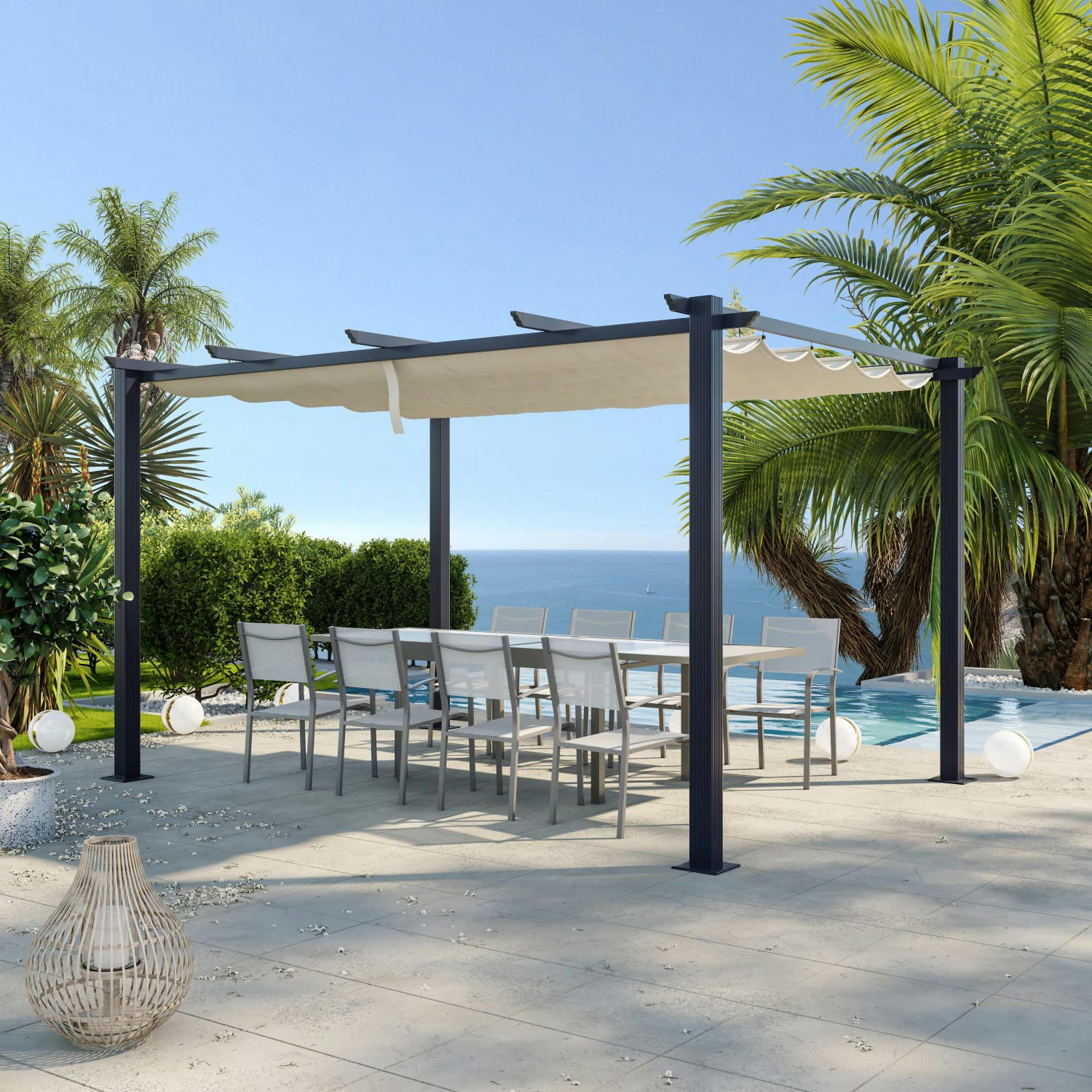 OHIO XL - Tonnelle 3x4m avec toile rétractable en aluminium gris écru