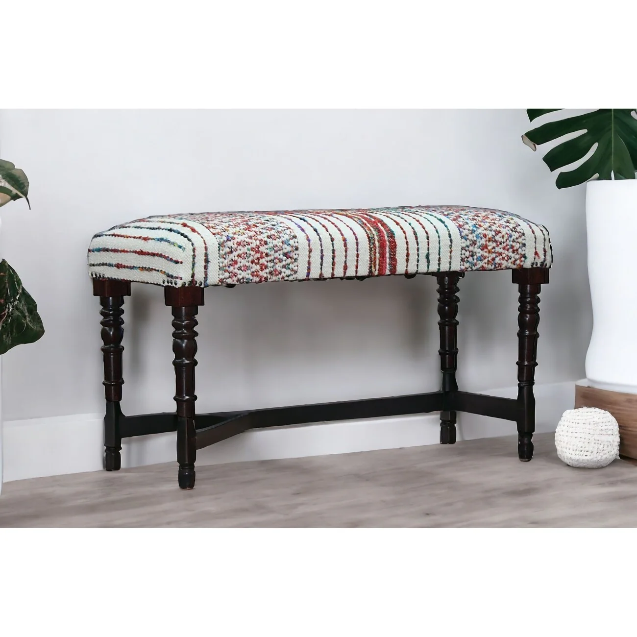 Wood Red White Cotton Upholstered Bench Chevron Pattern Turned Legs - 16” D x 47” W x 18” H