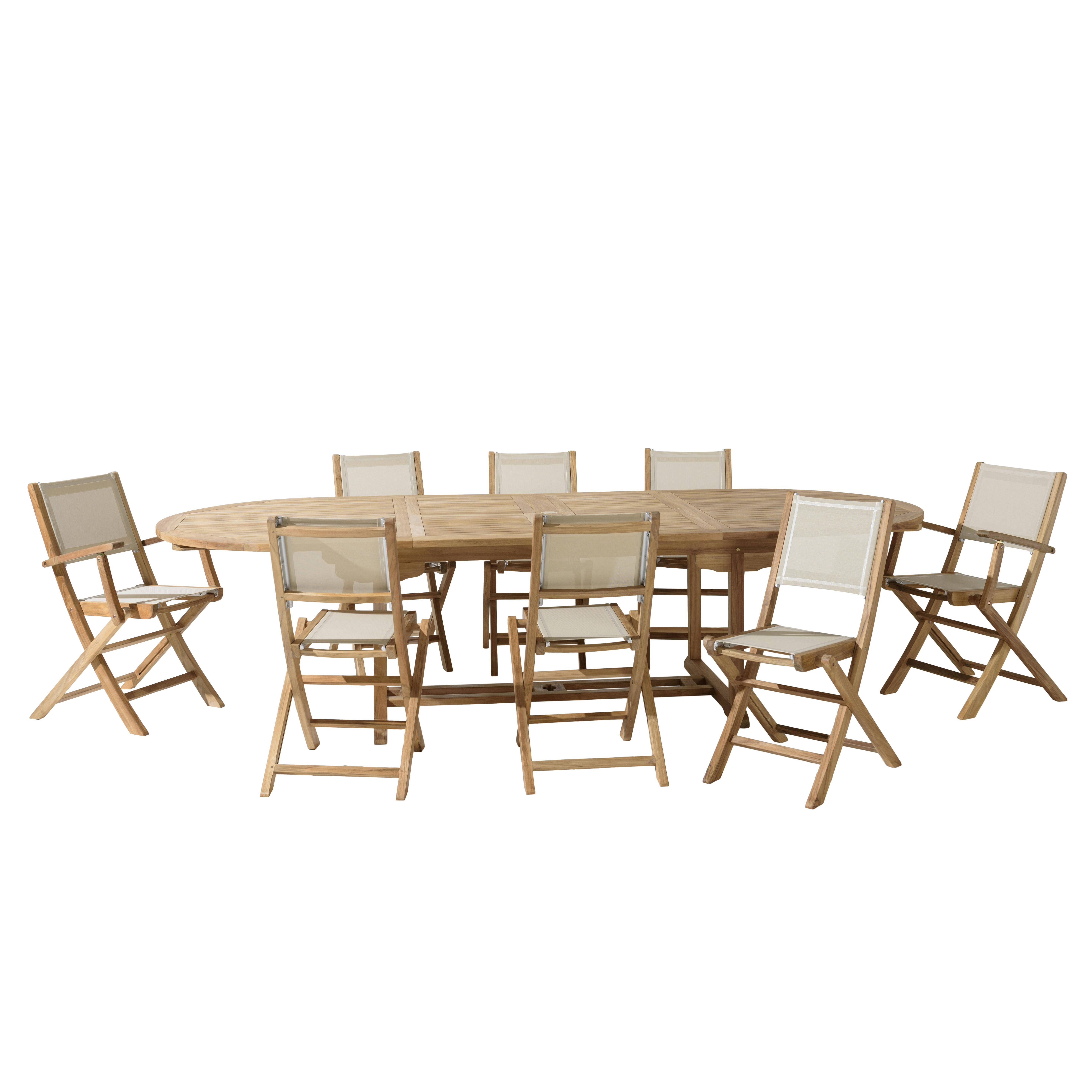 Ensemble de repas extérieur, table en teck extensible 8 chaises ALERIA