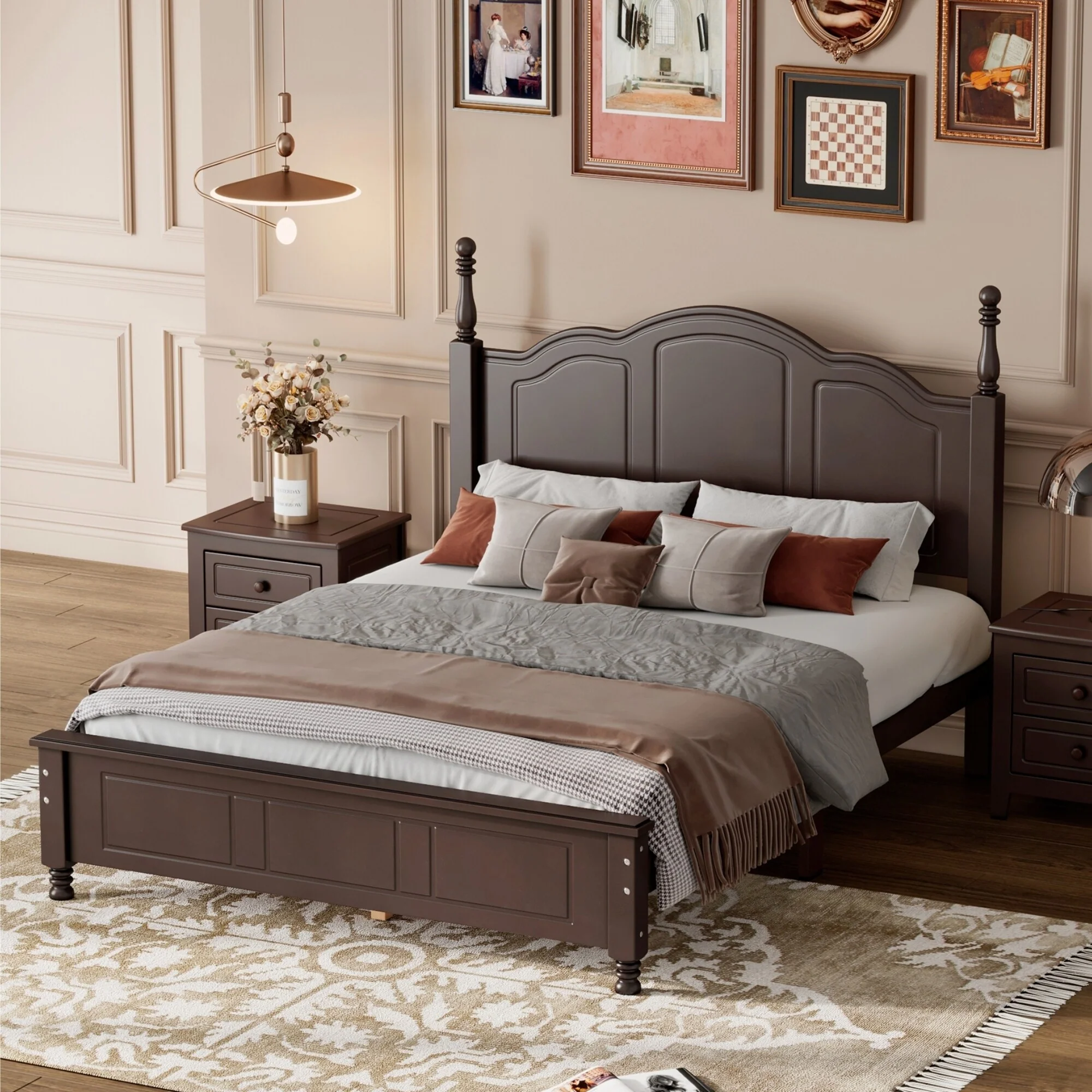 Wooden Full Platform Bed Frame, Retro Design, No Box Spring Required