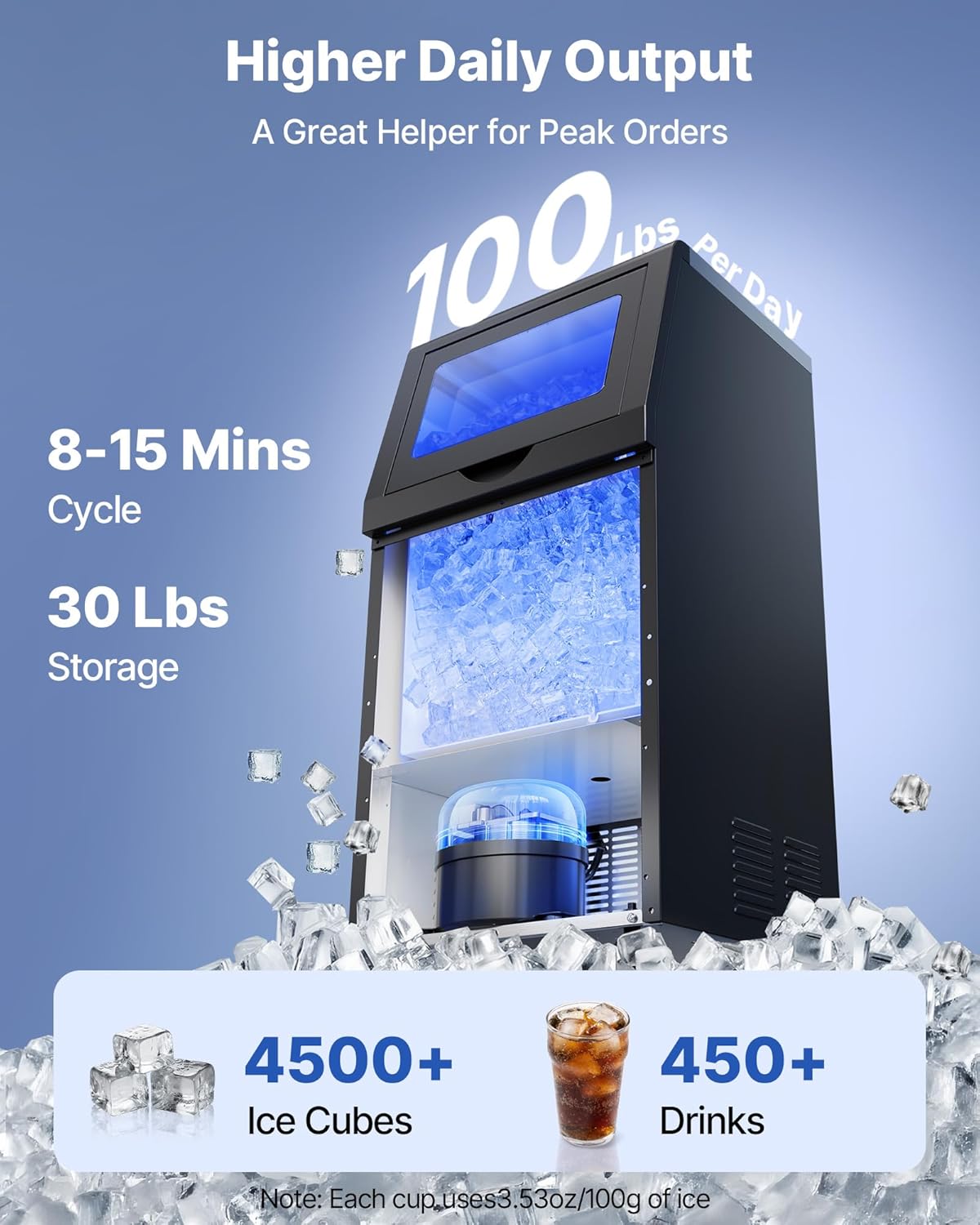 VEVOR Commercial Ice Maker Machine, 100 lbs/24h with 30 lbs Storage Capacity, Built-in/Freestanding/Under Counter, Stainless Steel Ice Maker with LED Display & Self-Cleaning, for Home Bar Restaurant