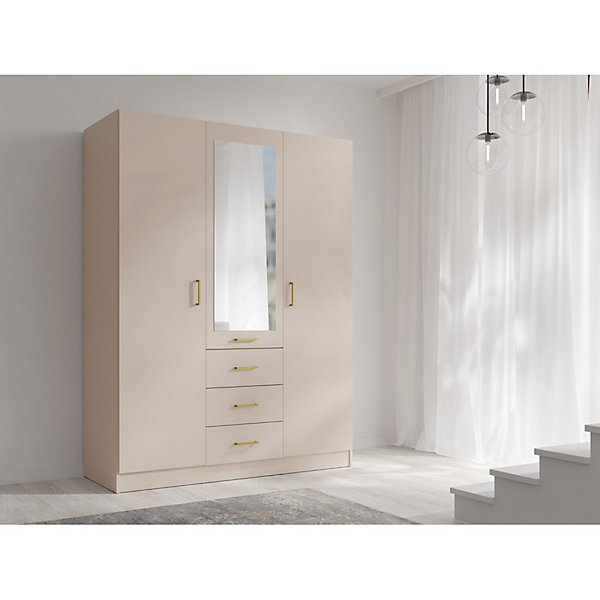 Armoire KALISTA 151 cm coloris sable avec miroir et 3 tiroirs3 portes battantes