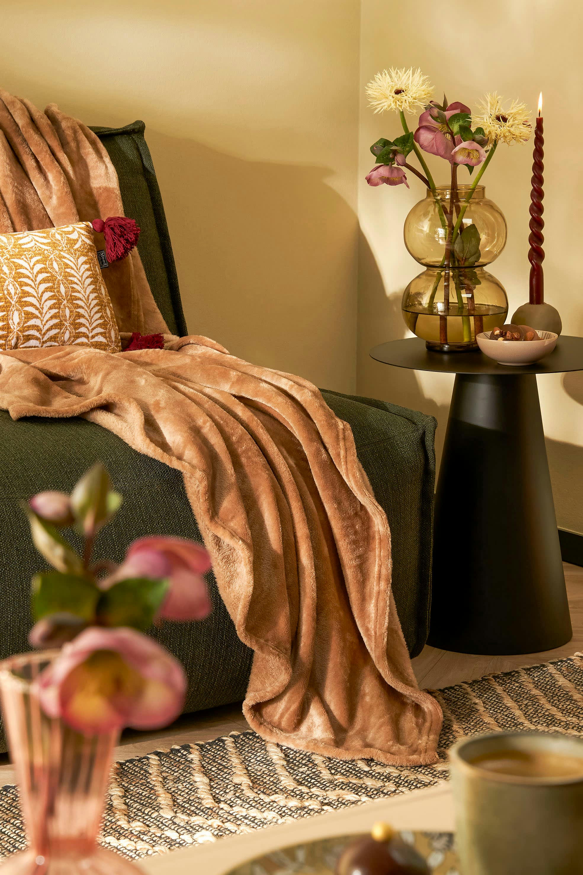 FAMKE - Plaid polaire marron clair 180x130