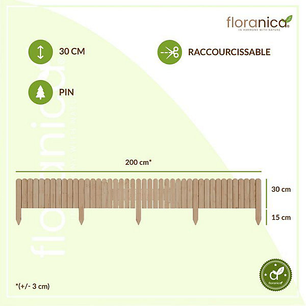 Floranica Bordure de Jardin Flexible 30 x 200 cm Non-traité Clôture de Pelouse en Bois, Palissade de Jardin Extérieur