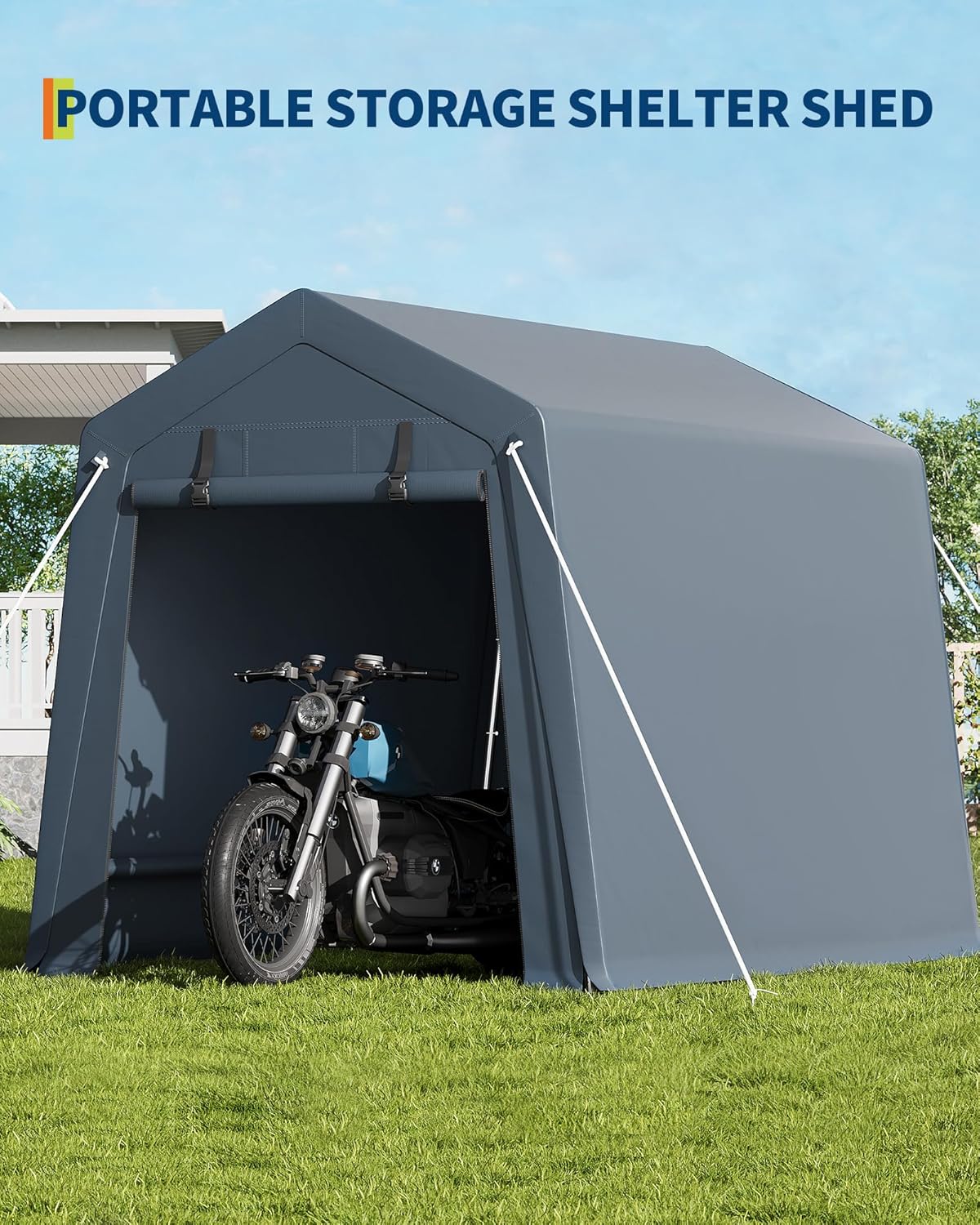 GarveeHome 6x6 FT Portable Outdoor Storage Shed with Roll-Up Zipper Door & Vent, 240G Heavy-Duty Shelter Waterproof PE Tarp, UV-Resistant Carport for Motorcycle, Firewood, Tools -Gray (Gray, 6x8)