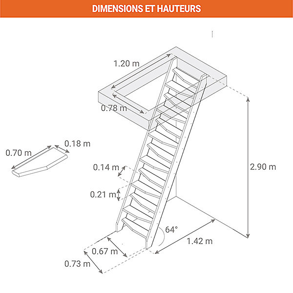 Escalier de meunier bois - Hauteur à franchir 2.90m - Largeur 0,54 - 1 main-courante - KYOTO73-290