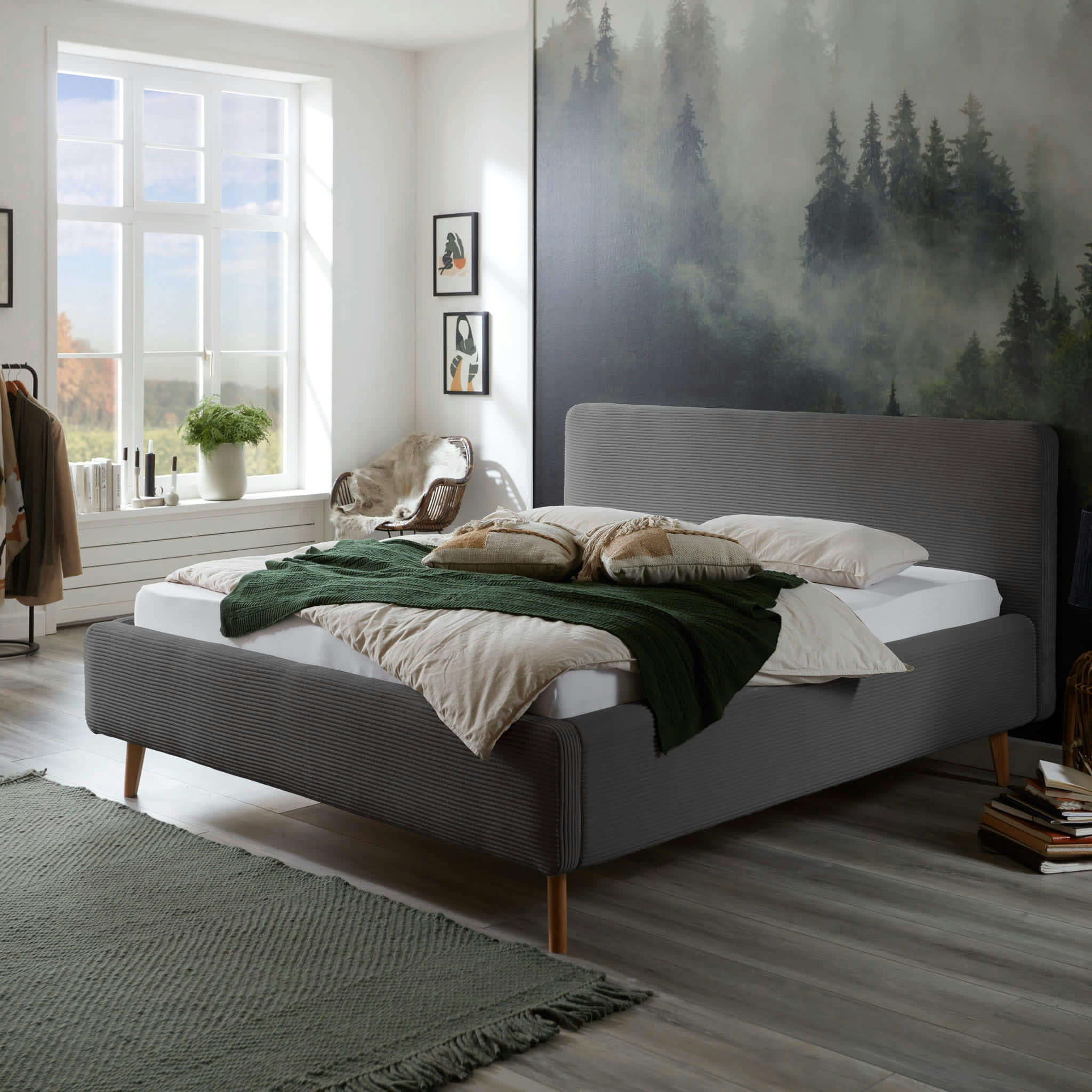 - Lit rembourré en velours avec tête de lit lisse anthracite 180x200