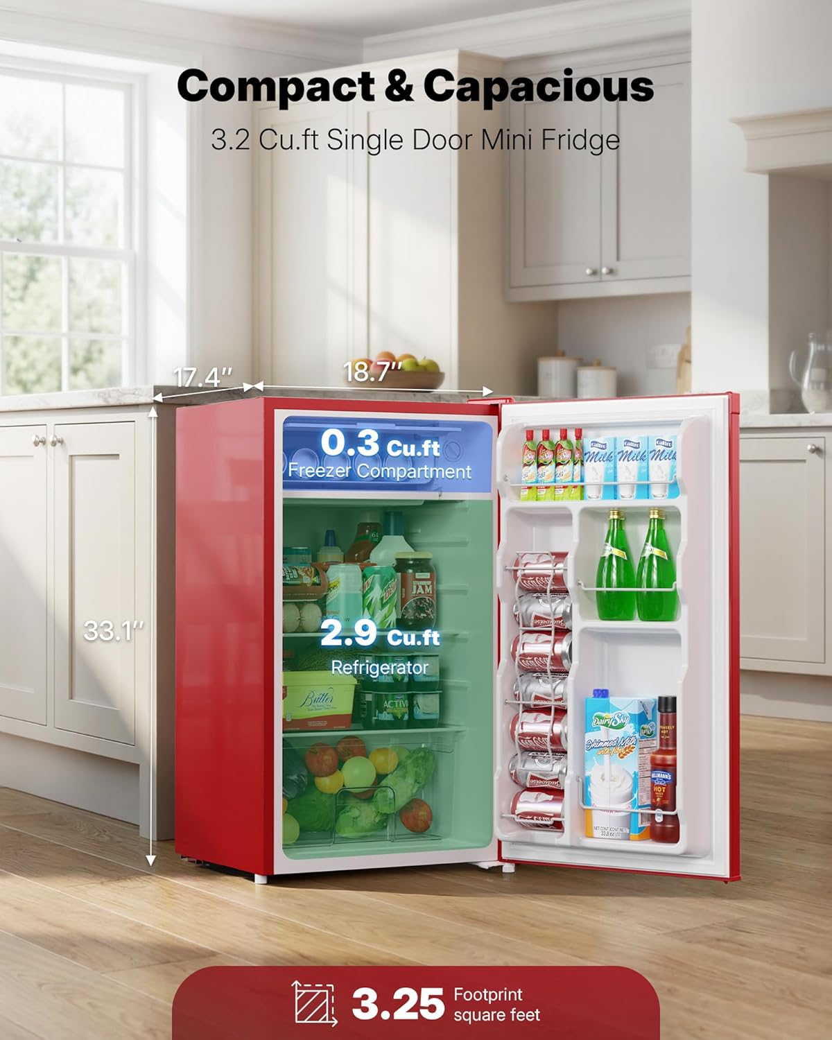 Upstreman 3.2 Cu.Ft Mini Fridge with Freezer, Single Door, Dorm Fridge, Adjustable Thermostat, Refrigerator for Dorm, Office, Bedroom, Red-BR321