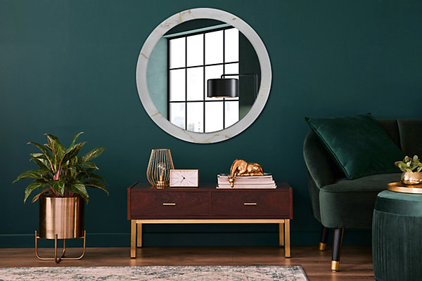 Miroir Rond Cadre Imprimé Design Wallfluent fi90 cm Marbre Blanc Tendance Boho Minimaliste Sans Joint