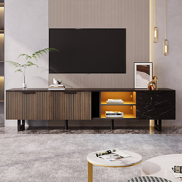 Meuble TV 200 cm avec 2 Portes, 2 Tiroirs et LED Multicolore, MDF, design Bois Foncé, Noir