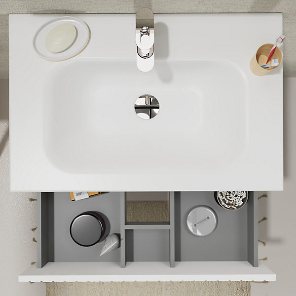 Meuble salle de bain strié 70 cm - Plan vasque Solid surface - Blanc mat - A suspendre - Karaib 2