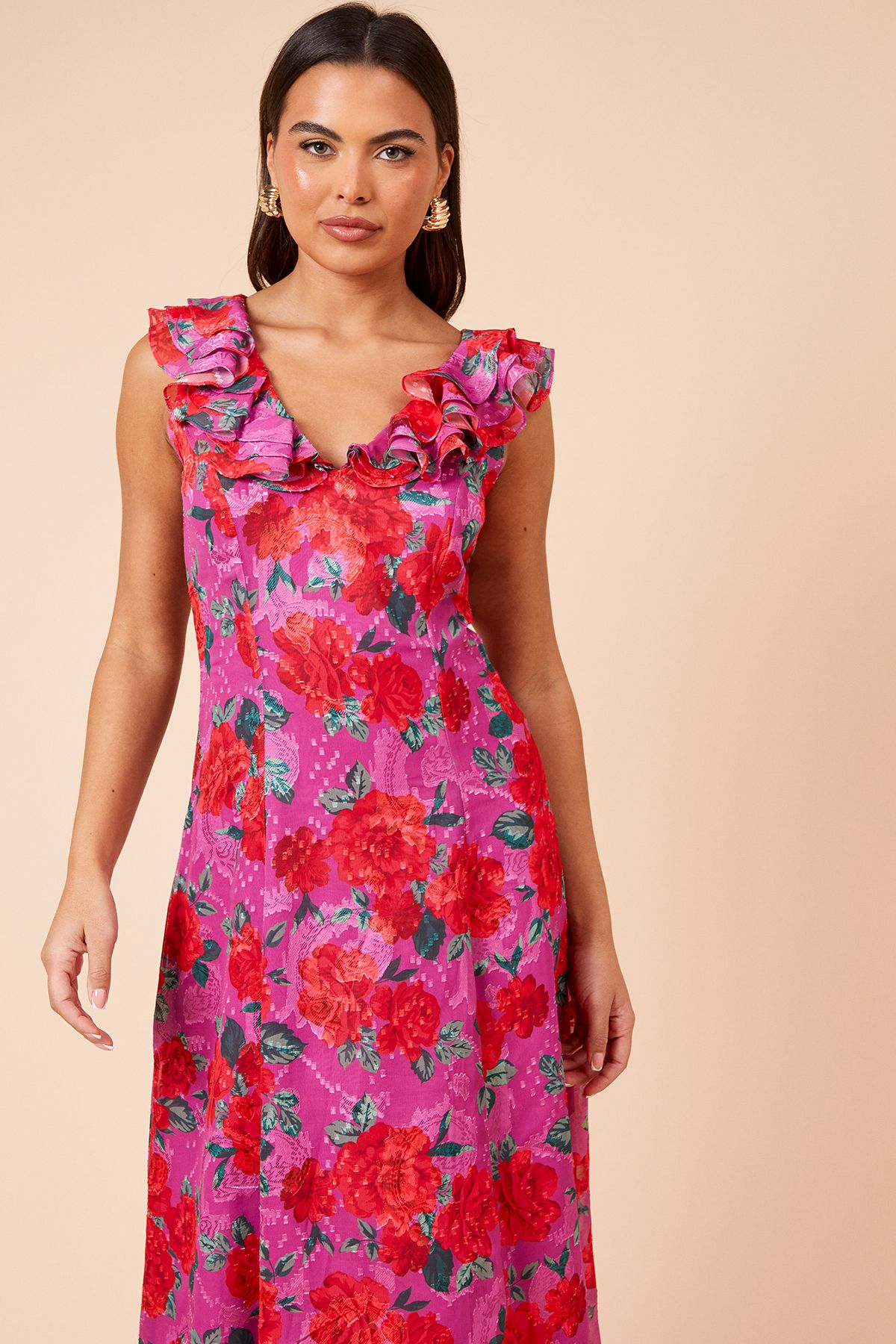 Dorothy Perkins DP Luxe Printed Jacquard Chiffon Ruffle Front Sleeveless Midi Dress