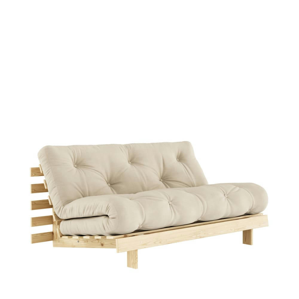 ROOTS - Canapé convertible 160x200cm en bois naturel et tissu beige 2 places