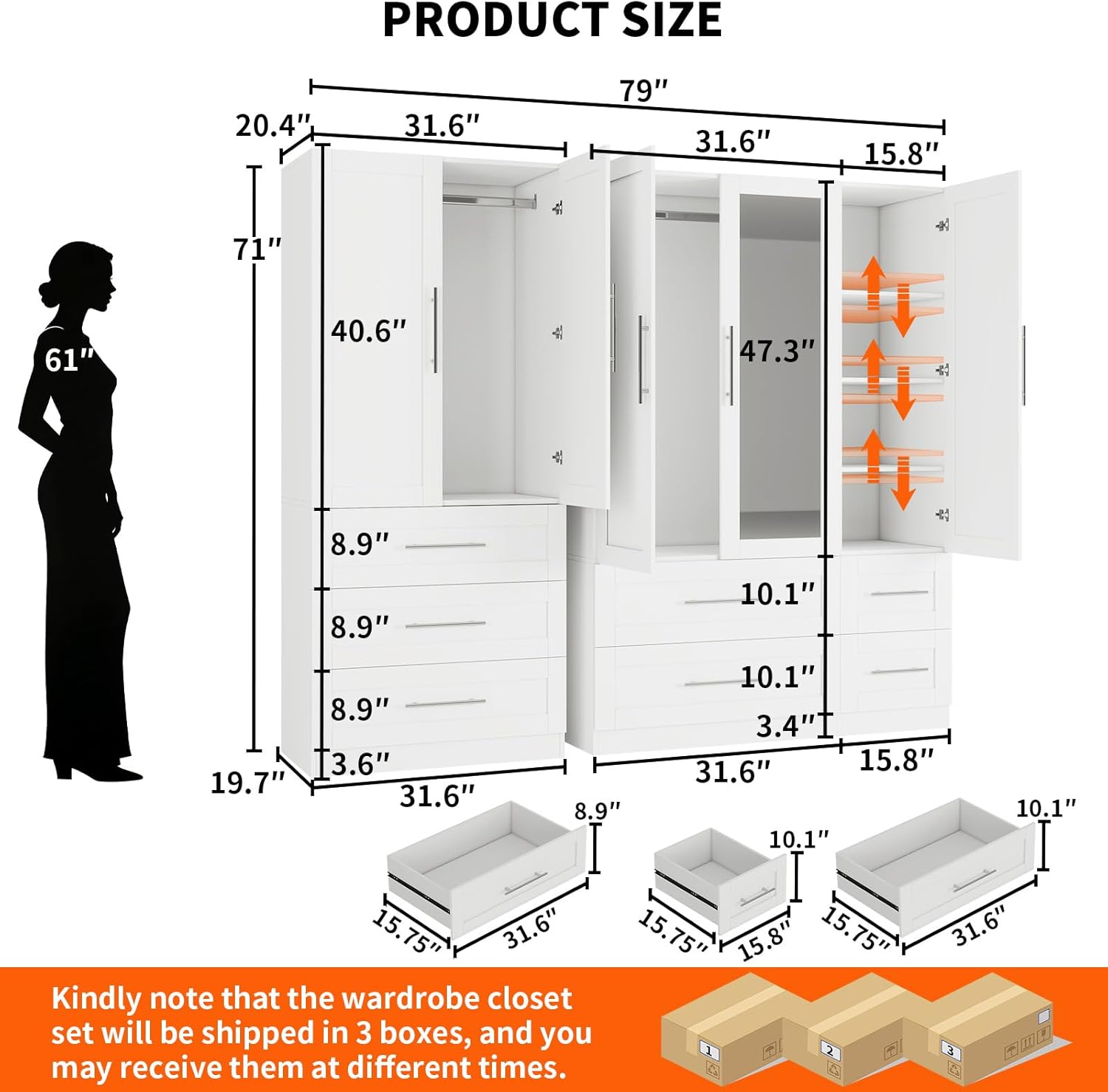 fastgo Armoire Wardrobe Closet with 7 Large Deep Drawers and Mirror, 71 Tall Bedroom Armoires with 5 Doors, White Wood Wardrobe Cabinet with 3 Adjustable Shelves, Bedroom Storage Wardrobe Closet